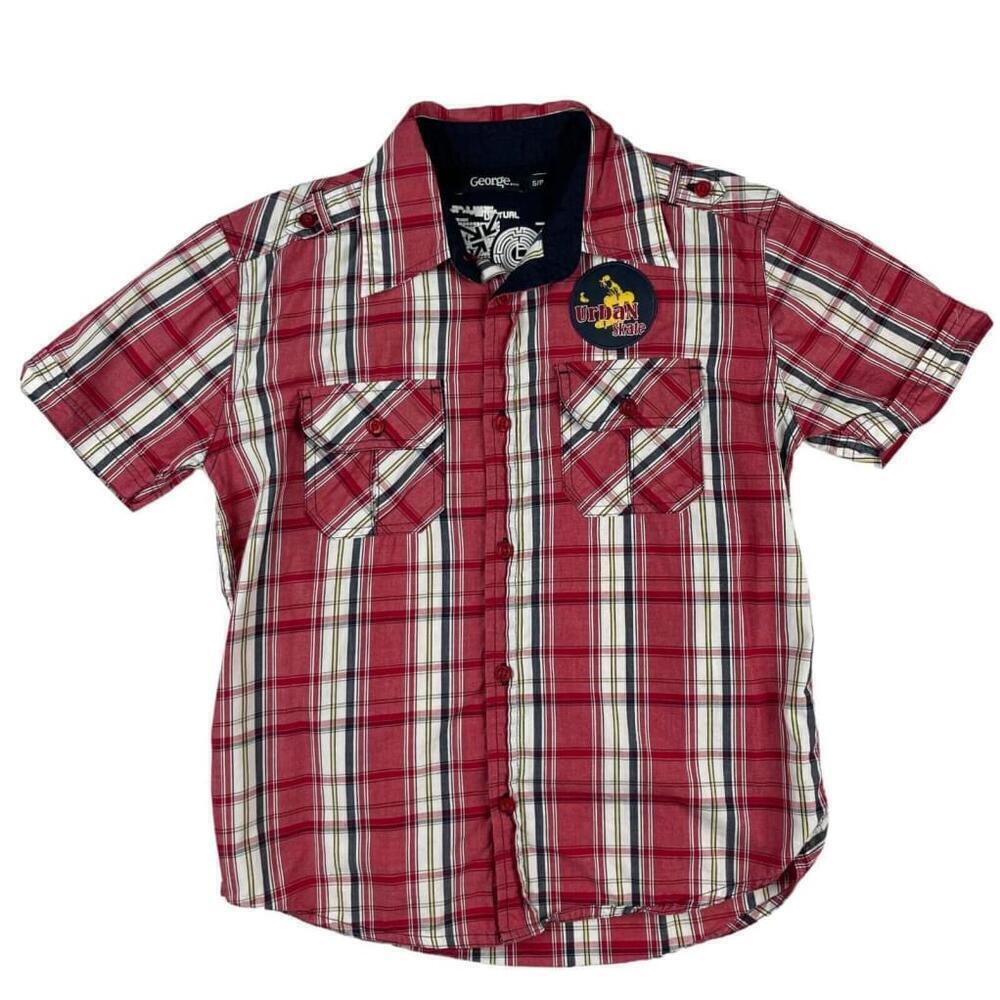 George Shirt Boys Small Multi Plaid Urban Skate Chest Pockets Collar Button Down